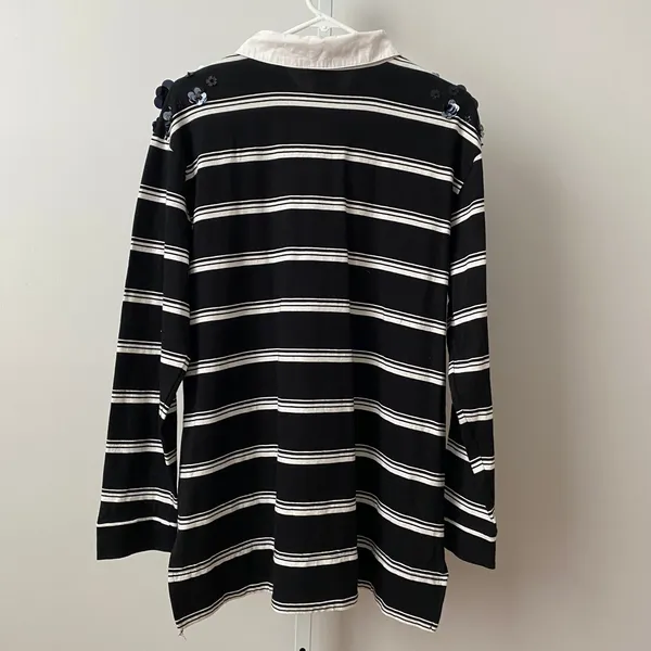 Maeve Cotton Quirky Academia Sequin Floral Rugby Shirt M Black Stripe Collegiate - Image 6