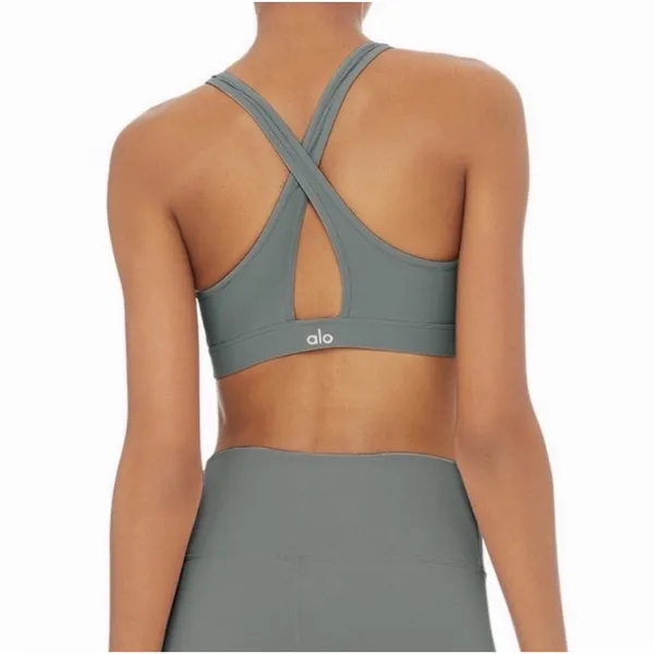 Alo‎ Yoga Warrior Ripped Sports Bra Gray Cross Back Strappy Size S Yoga Gym Chic - Image 2