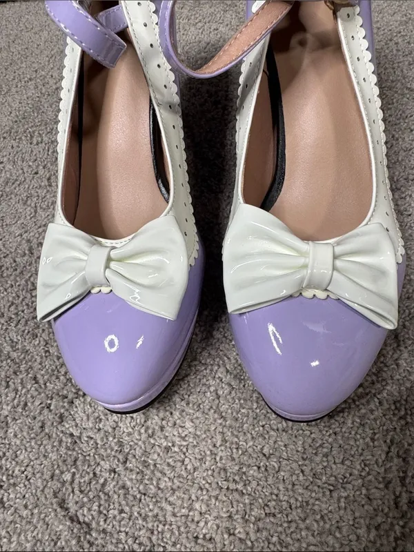 Women’s Purple Chunky Heel Mary Jane Pumps Cute Bow Round Toe Size 10 (EU42) NEW - Image 4
