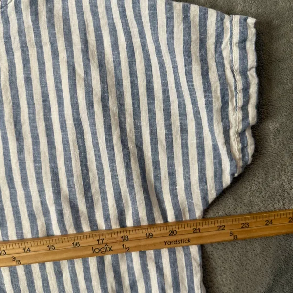 L.L. Bean Linen Blue White Stripe Top Womens M Pocket Short Sleeve Nautical - Image 9