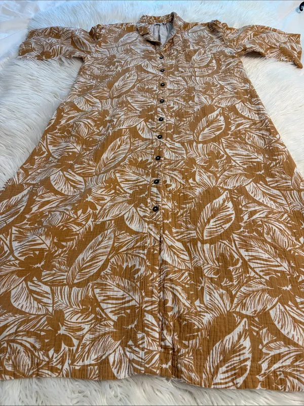 Madewell Women's Button-Front Leaf Print Midi Dress in Mustard size S - Image 6