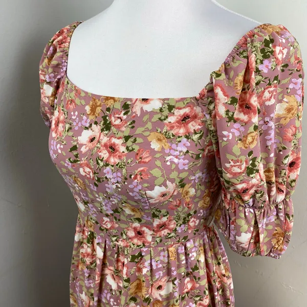 Inmod Pink Floral Puff Sleeve Open Tie Back Maxi Dress Small Romantic Feminine - Image 3
