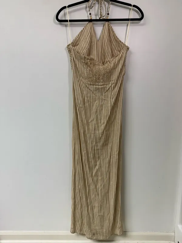 Zara Beige and White Striped Halter Ruched Maxi Dress Women’s Size Medium - Image 2