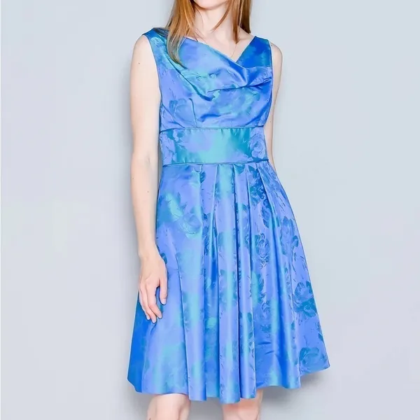 THEIA Floral Jacquard Sleeveless Pleated Dress‎ in Blue Green Size 8 - Image 2