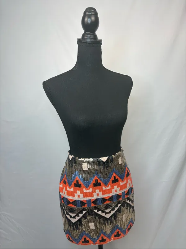 Forever 21 Sequin Mini Skirt Black Multicolor Aztec - Image 2