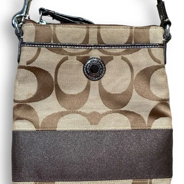 Coach Signature Monogram Canvas Crossbody Bag Brown Khaki Y2K Flat Messenger - Image 9