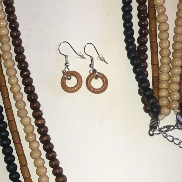 Multi-Strand Beaded Necklace and Hoop Earrings - Brown, Black, Cream - Image 3