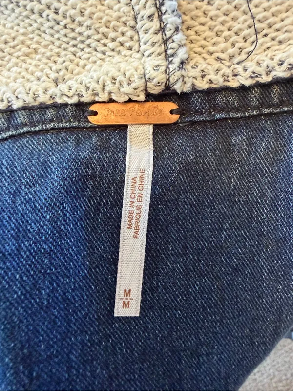 Free People Distressed Denim Jean Jacket W/ Knit Sleeves & Hood - Image 12