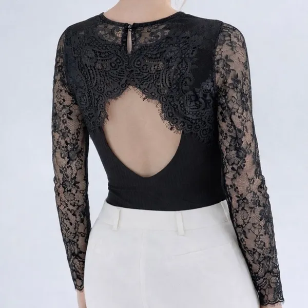 SheIn Women’s Black Lace Long Sleeve Cut Out Back Bodysuit Size Medium - Image 2