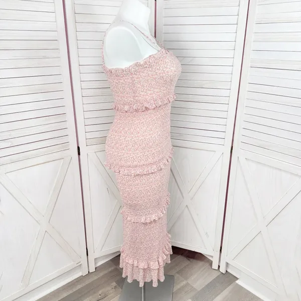 Mabel Daphne Ditsy Flower Ruffe Trim Smocked Midi Long Tube Dress Pink‎ Large - Image 4