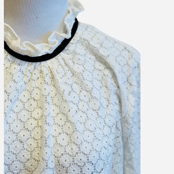 Gap White Ivory Lace Ribbon Trim Blouse High Neck Semi Sheer L Victorian - Image 3
