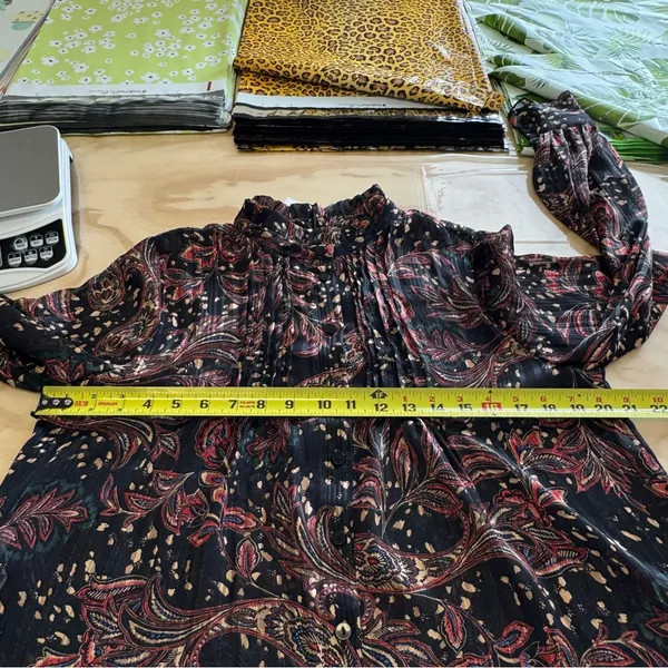 NWT Mango Floral Paisley Metallic Contemporary Ruffle‎ Sheer Blouse Blk Burgundy - Image 9