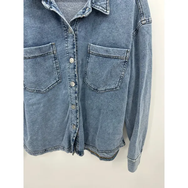 Jane + Delancey Women Large Blue Acid Wash Cotton Blend Knit Denim Shacket - Image 6
