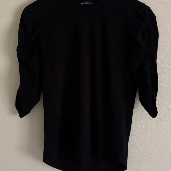 Veronica Beard Waldorf Ruched Sleeve T-Shirt Black Pima Cotton Size Small - Image 2