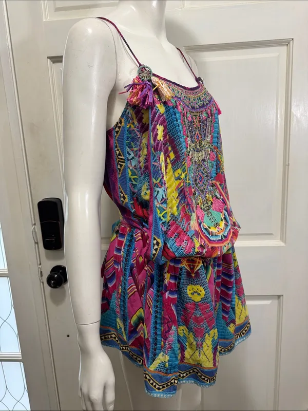 Camilla Pastel Floral Ikat Embroidered Top in Pink, Blue, Purple Size Medium - Image 7