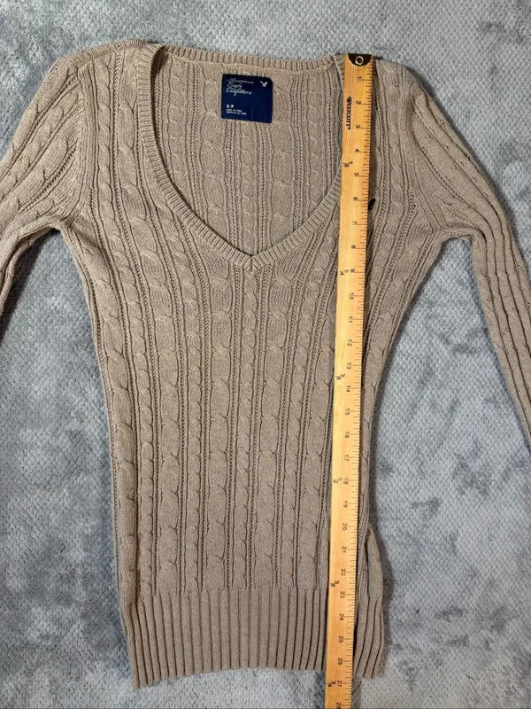 Vintage Y2K American Eagle Tan Cable Knit V-Neck Sweater Small Wool Blend Preppy - Image 8