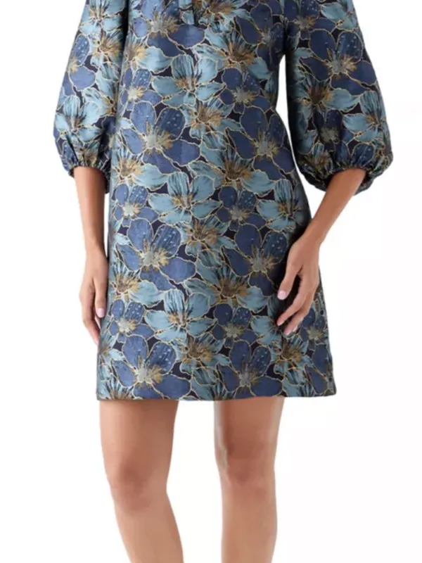 Crown & Ivy Jacquard Floral Metallic 3/4 Puff Sleeve Dress Blue Gold - Image 3