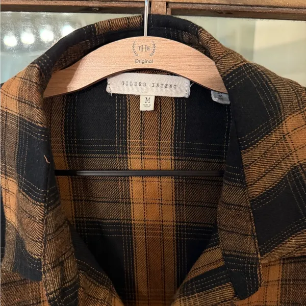 Gilded Intent Buckle Black and Tan/Brown Plaid Button-down Flannel Shirt Medium - Image 2