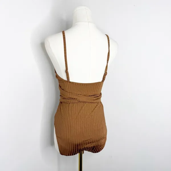Aerie Ribbed Shine Wrap One Piece Swimsuit Medium Long Brown Full Coverage - Image 3