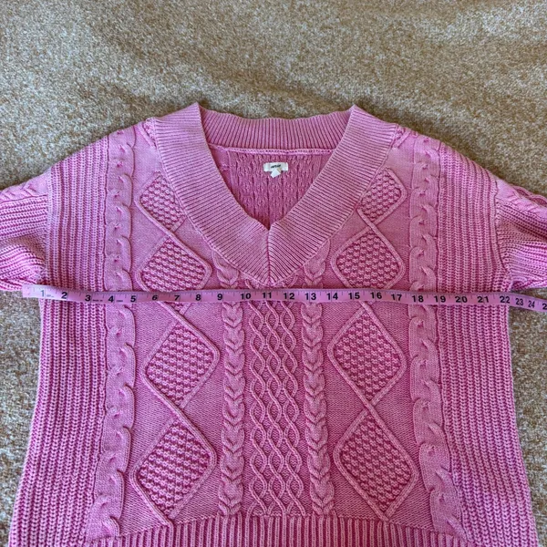 Aerie Womens Pink Cable Knit V-Neck Sweater 100% Cotton Relaxed Fit Small Fall - Image 6