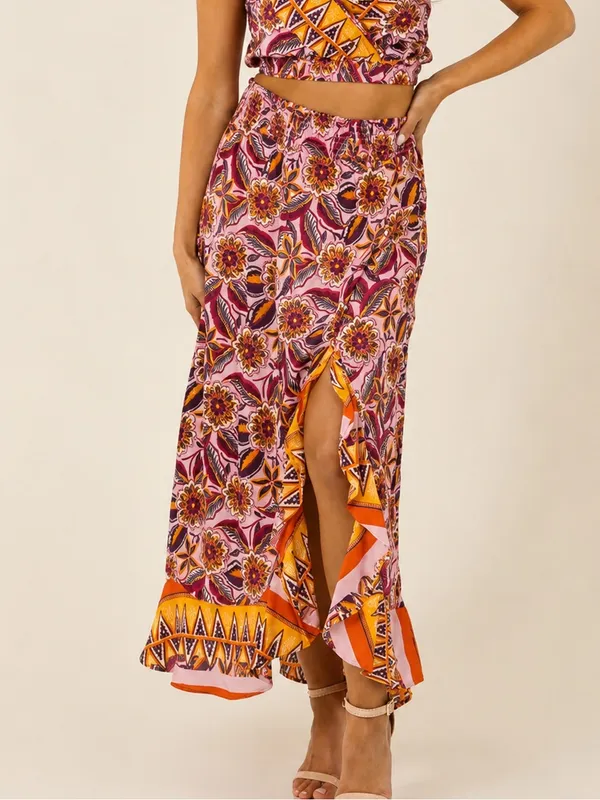 Angie Boho Floral High-Low Midi Skirt Medium Pink Purple Orange Festival - Image 2