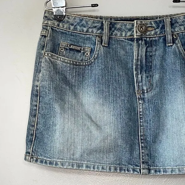 Vintage Y2K Squeeze Size 11 12 Short Micro Mini Blue Jean Cotton Denim Skirt - Image 2