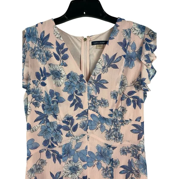 Tommy Hilfiger Pink Blue Floral Sheer Overlay Midi Dress Flutter Sleeve V-neck 6 - Image 5