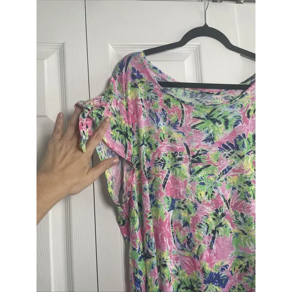 Casey Key Tropical‎ Palm Tree Top Womens 1X Pink Green Rayon Tie Sleeve Resort L - Image 3