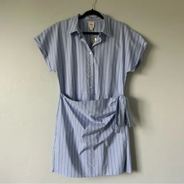 Anthropologie Maeve Button Front Wrap Mini Shirt Dress Pinstripe Large Preppy - Image 2
