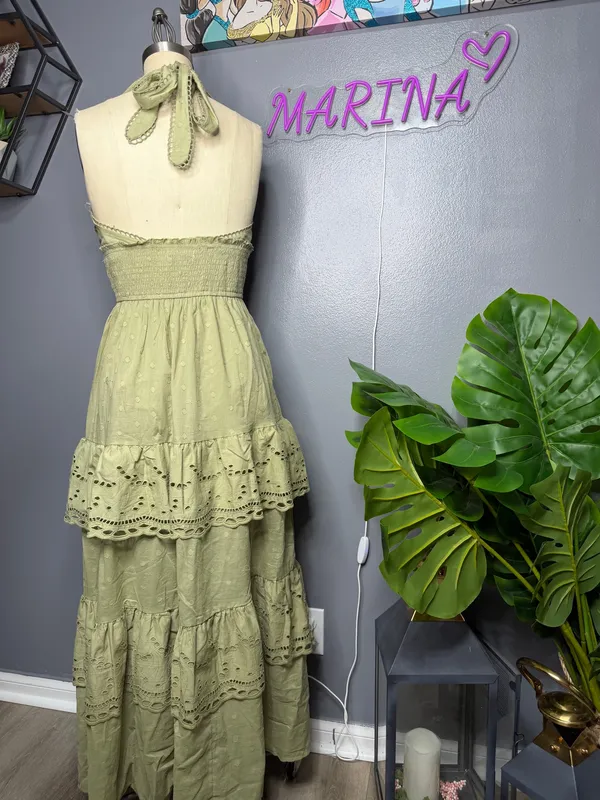 100% cotton Boho Sage Green Eyelet Tiered Halter Maxi Dress - Image 2