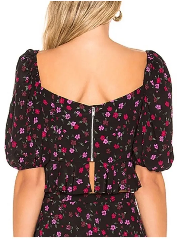 For Love & Lemons x Revolve Black Floral Cottagecore Crop Blouse Puff Sleeve S - Image 2