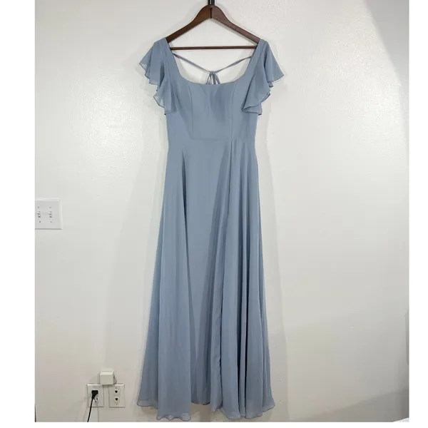 Azazie Womens A6 Dusty Blue Chiffon Flutter Sleeve Floor Length Bridesmaid Dress - Image 3