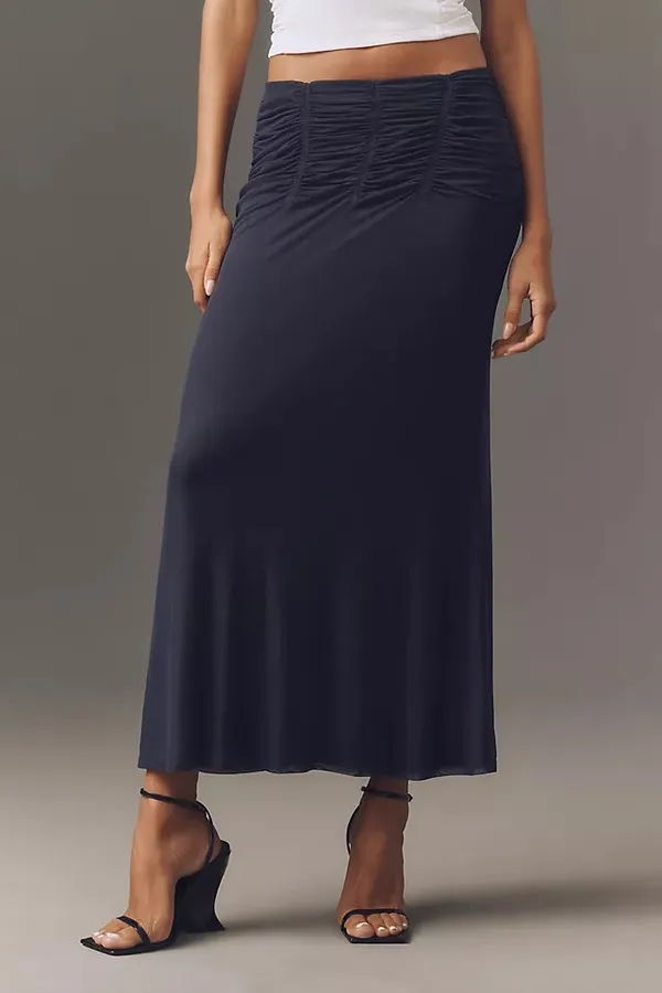 Anthropologie Maeve Dark Navy Blue Ruched Yoke Column Maxi Skirt - Image 3