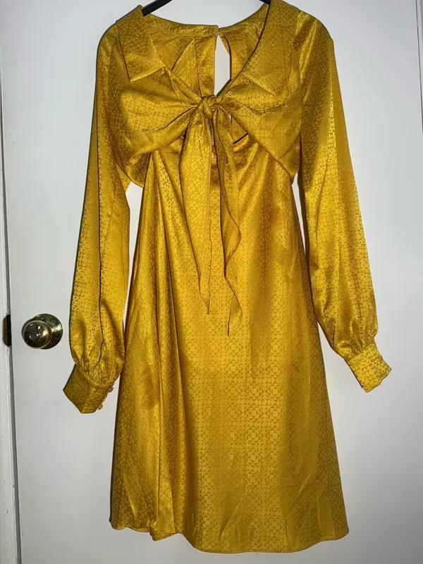 NWT Rare London Anthropologie Textured Golden Yellow Satin Tie-Front Dress - Image 4