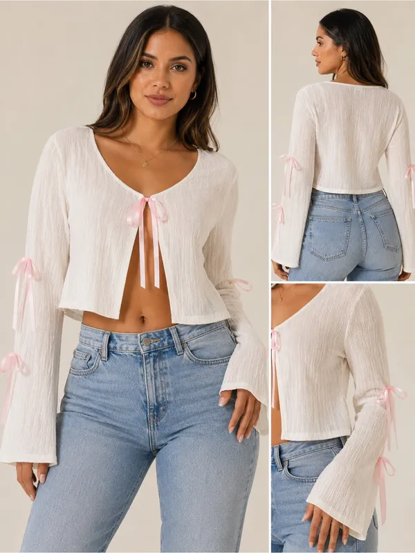 ROMWE White Crop Top with Pink Ribbon Ties - Image 2