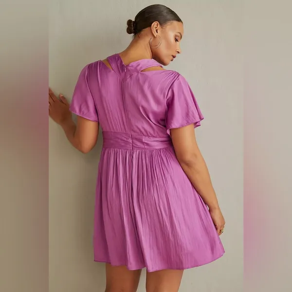 NWT by Anthropologie Purple Satin V Neck Vibrant Mini Dress Size 16‎ - Image 2