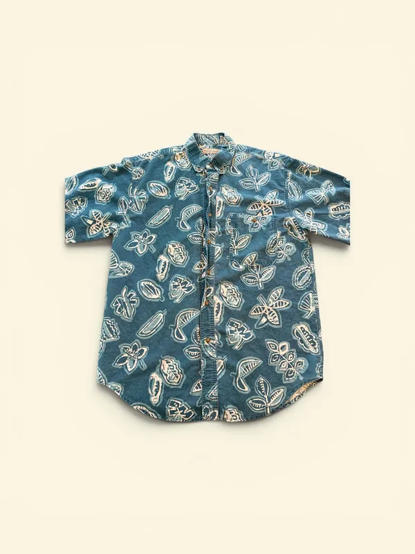 Bugle Boy Company Men's Short Sleeve Button-Down Shirt Teal Blue Floral Leaf - Image 2