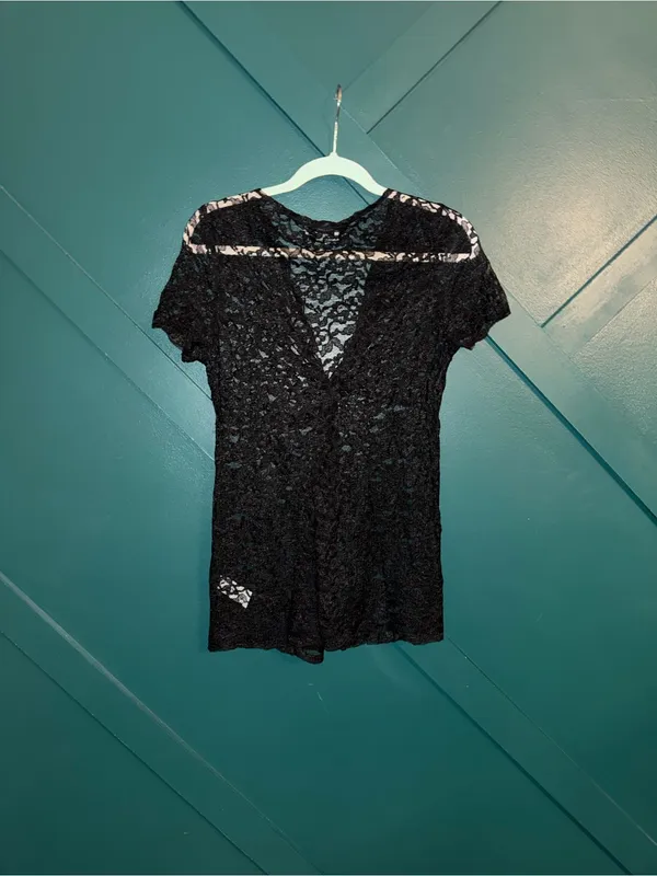 Black Lace Short Sleeve Romantic Goth Whimsigoth Grunge Y2K Top - Image 2