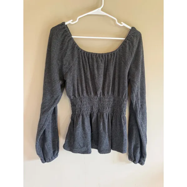 Madewell Gray Smocked Peplum Top Long Sleeve Square Neck Knit Blouse Medium - Image 3