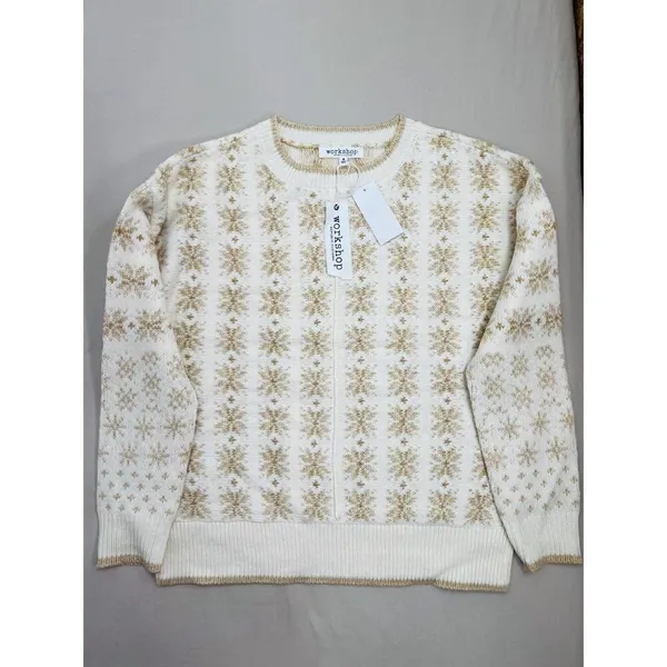 Workshop Republic Clothing Womens Sweater Size S Fair Isle Cream Gold Cozy - Image 4