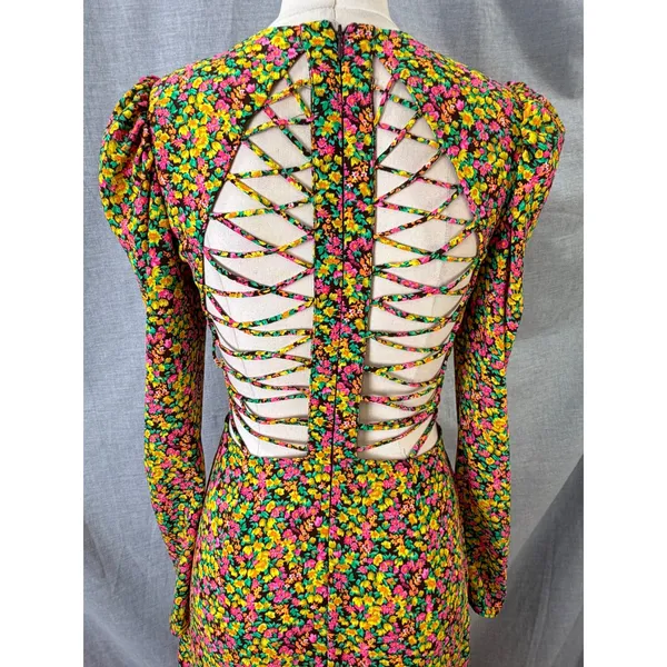 AFRM Yellow Floral Puff Sleeve Open Back Lattice‎ Detail Maxi Dress S - Image 2