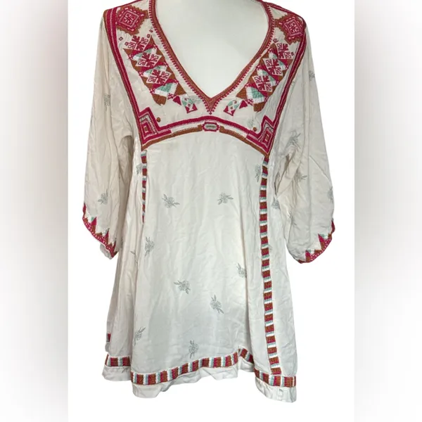 Free People Tulum Embroidered V-Neck mini boho peasant dress - Image 2