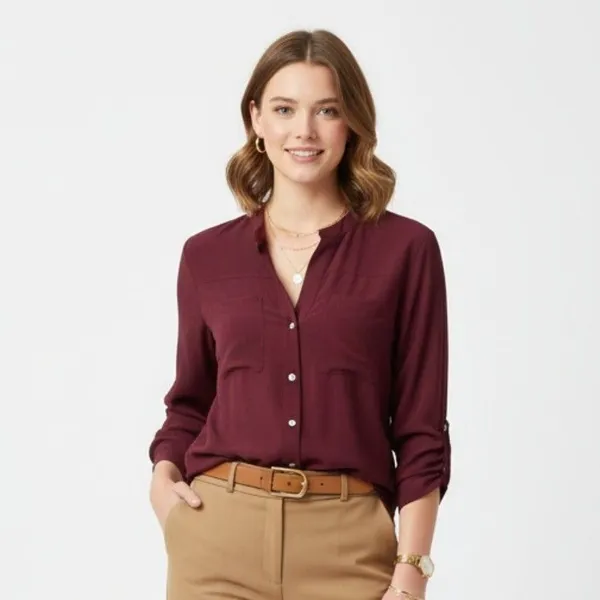 100% Silk Max Studio Burgundy Button Close Long Sleeve Colarless Blouse Top M - Image 7
