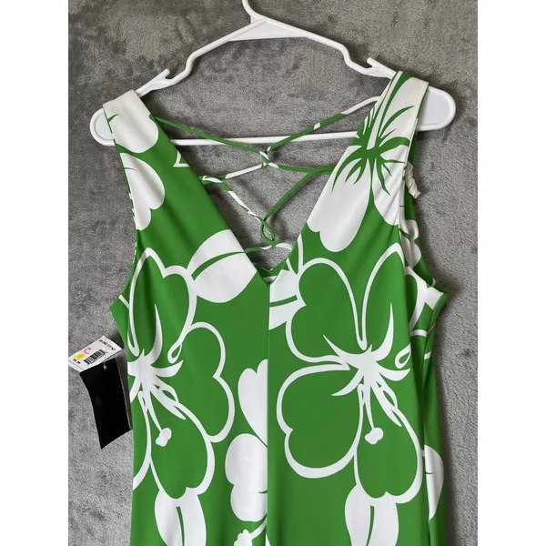 Vintage Tropical Hibiscus Floral Midi Dress Green White Resort Vacation S New - Image 4