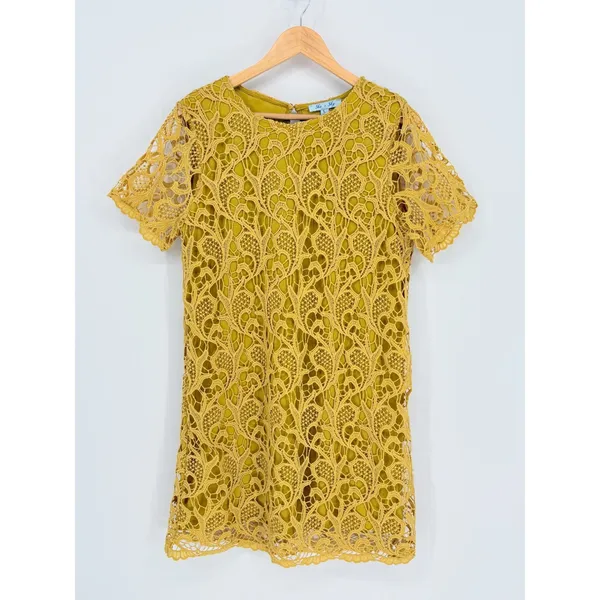 She + Sky‎ Crochet Mini Dress Large Mustard Yellow Floral Lace Shift Boho Retro - Image 2