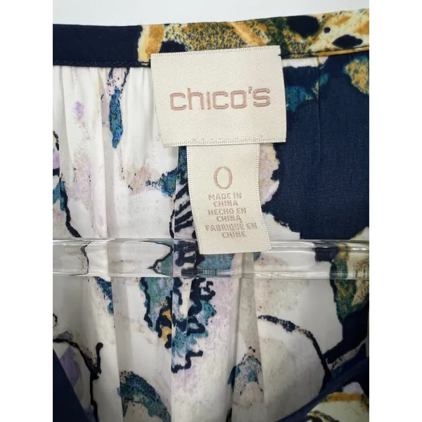 CHICO'S 0 Floral Peasant Blouse Women Small 4 Navy Blue Long Sleeve Split‎ Neck - Image 3