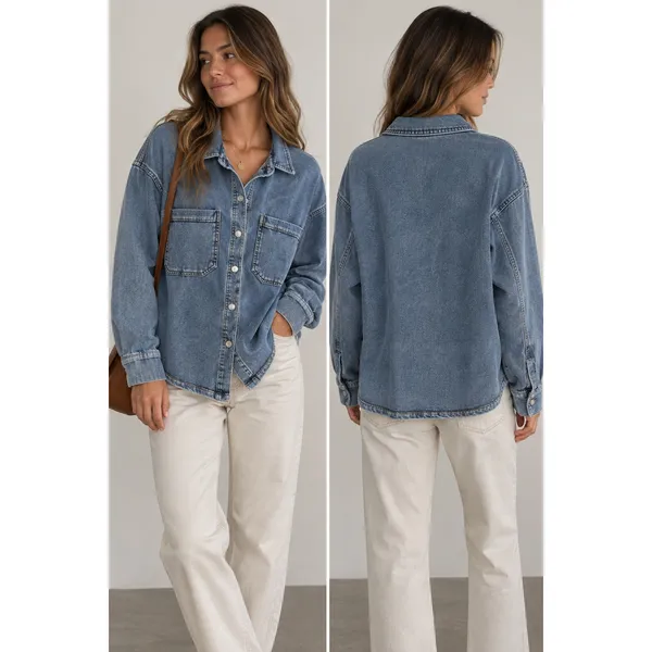 Jane + Delancey Women Large Blue Acid Wash Cotton Blend Knit Denim Shacket - Image 2
