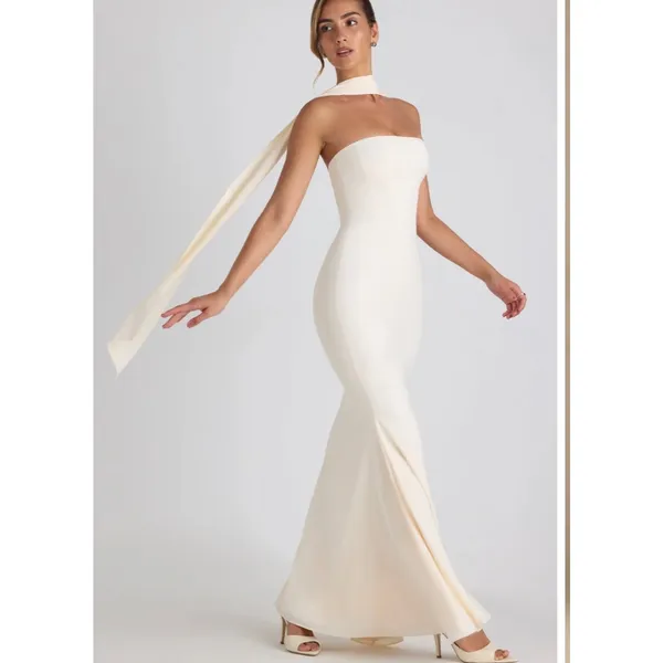 Oh Polly Imogene Scarf-Detail Strapless Gown Maxi Dress in Ivory Size 4 - Image 4
