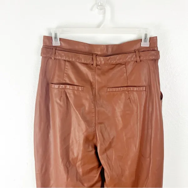 FREE PEOPLE Faux Leather Camel Paperbag Tie Waist Raw Hem Pants 14 Boho Chic - Image 9