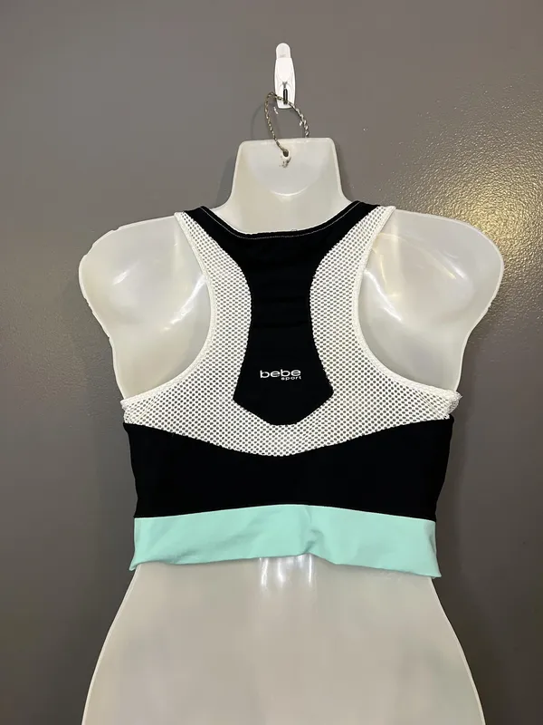 Bebe Sport Tank Top Womens Medium Black White Mint Mesh Colorblock Cropped - Image 4